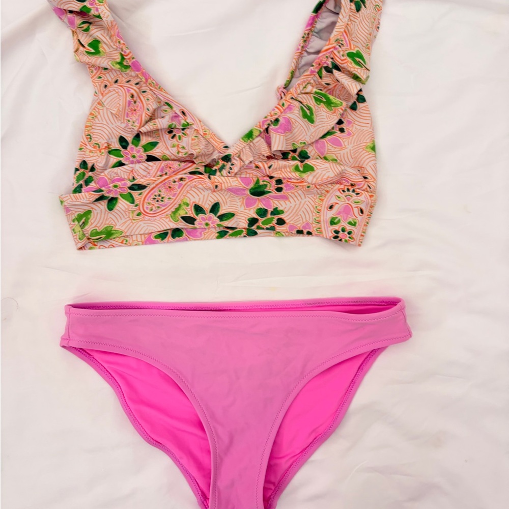 aerie Pink and Green Floral Paisley Bikini Top